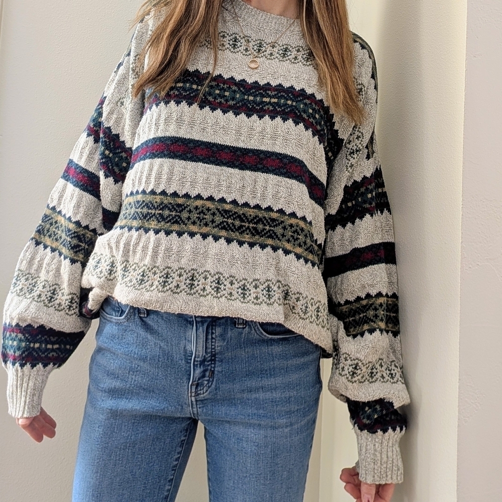 Vintage Abstract Geometric Chunky Crewneck Sweater In Gray